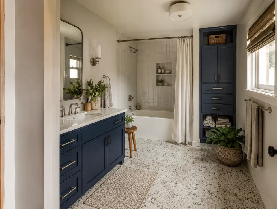 Complete family bathroom with blue vanity, tub shower, storage and coordinated transitions