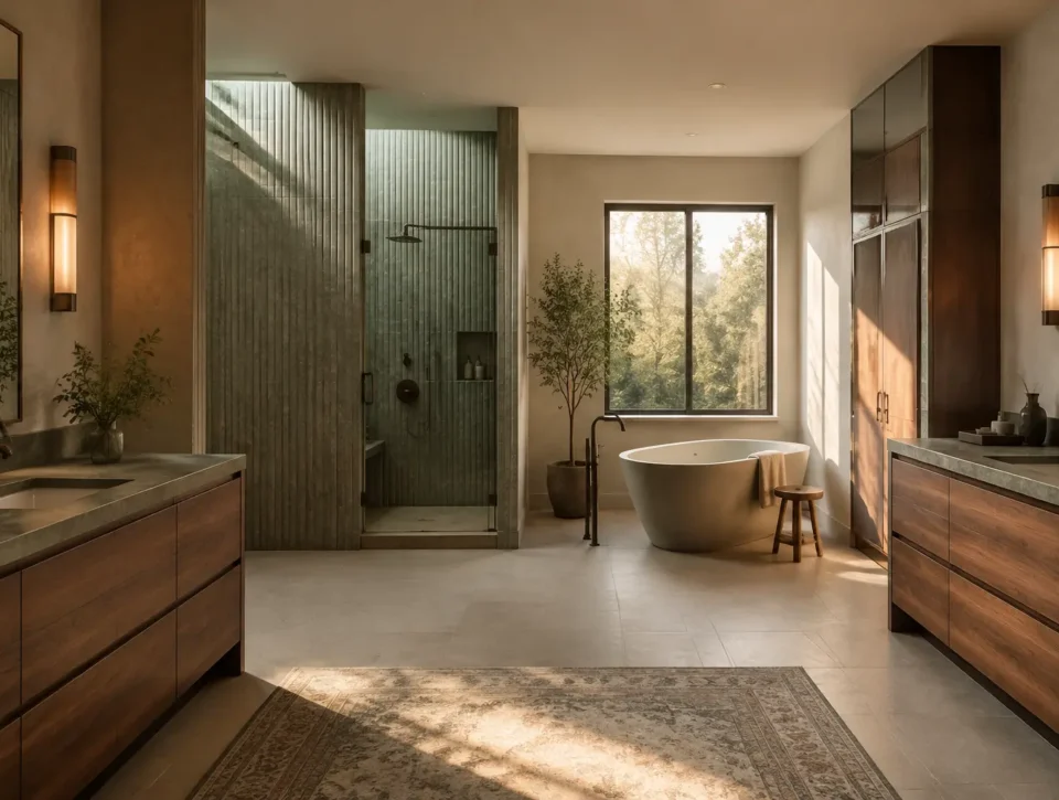 High-end primary ensuite with separate vanity zones, shower, tub and open circulation