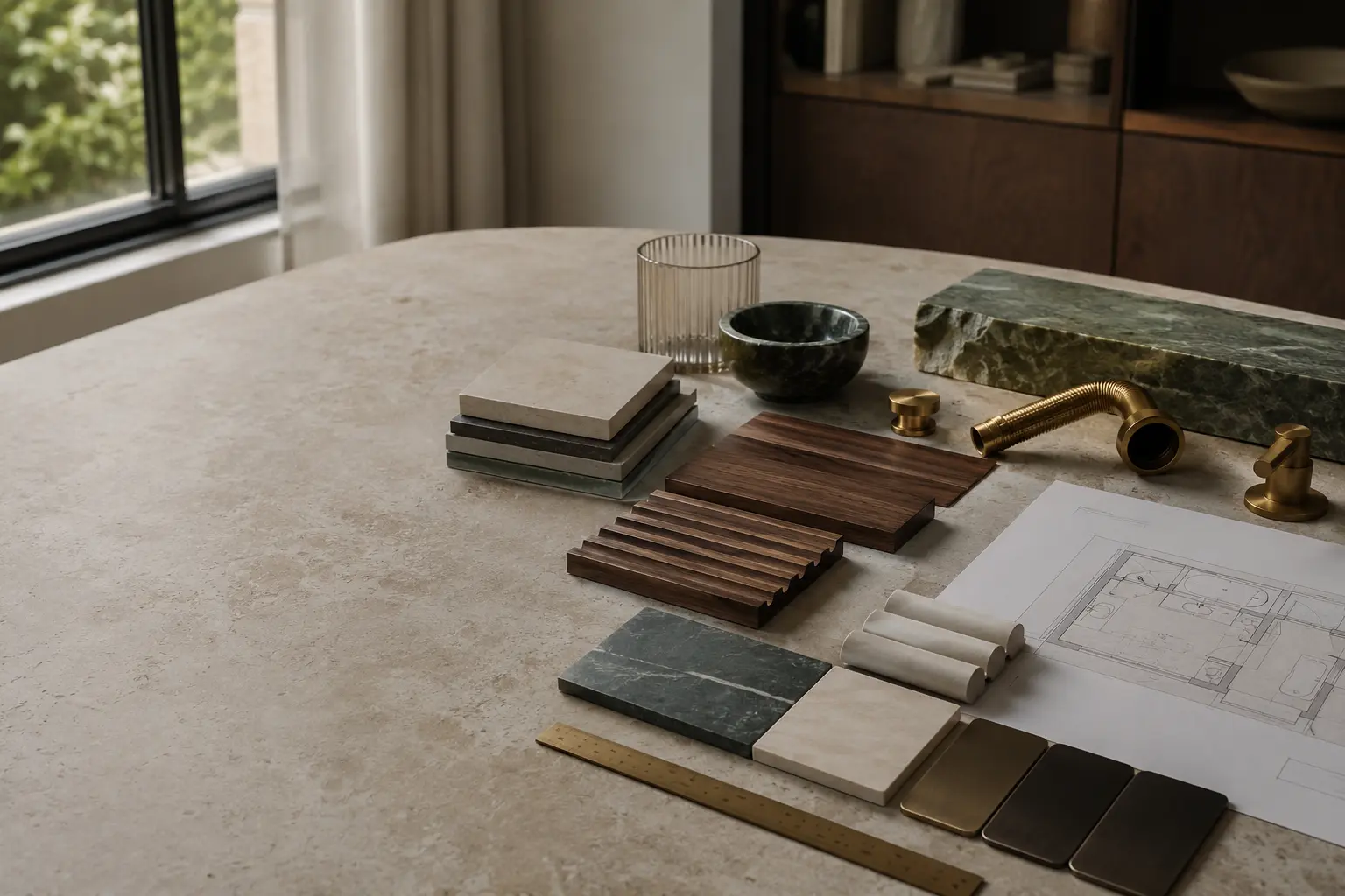 Bathroom material samples and an unlabelled planning drawing on a limestone worktable
