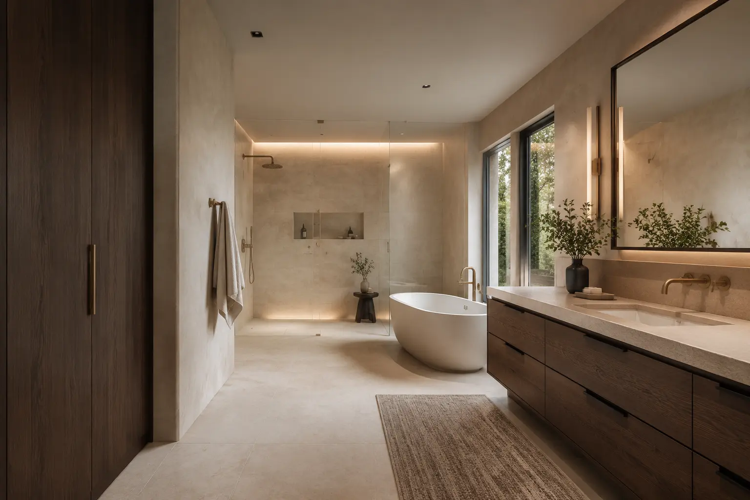 Warm limestone primary bathroom with smoked oak vanity, shower and freestanding tub