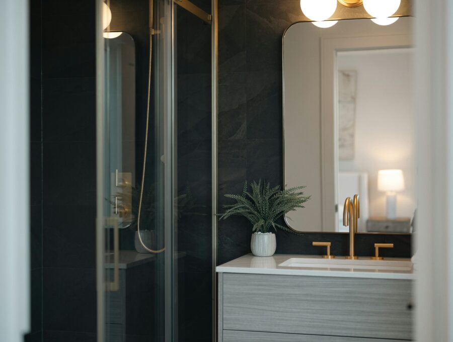 Dark tiled bathroom with pale wood vanity and warm brass fixtures