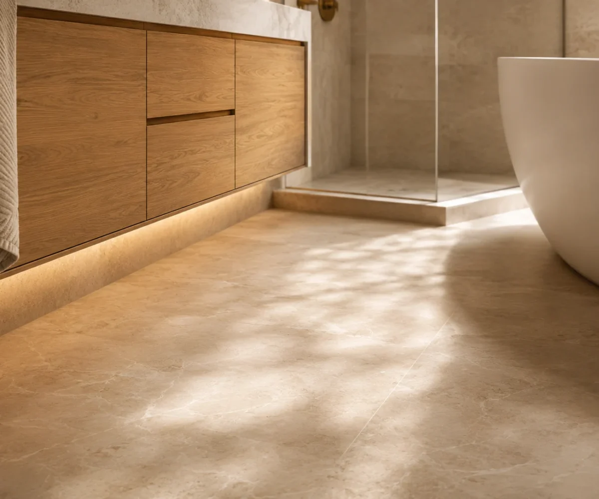 Warm stone bathroom floor beside a floating wood vanity, glass shower and freestanding tub