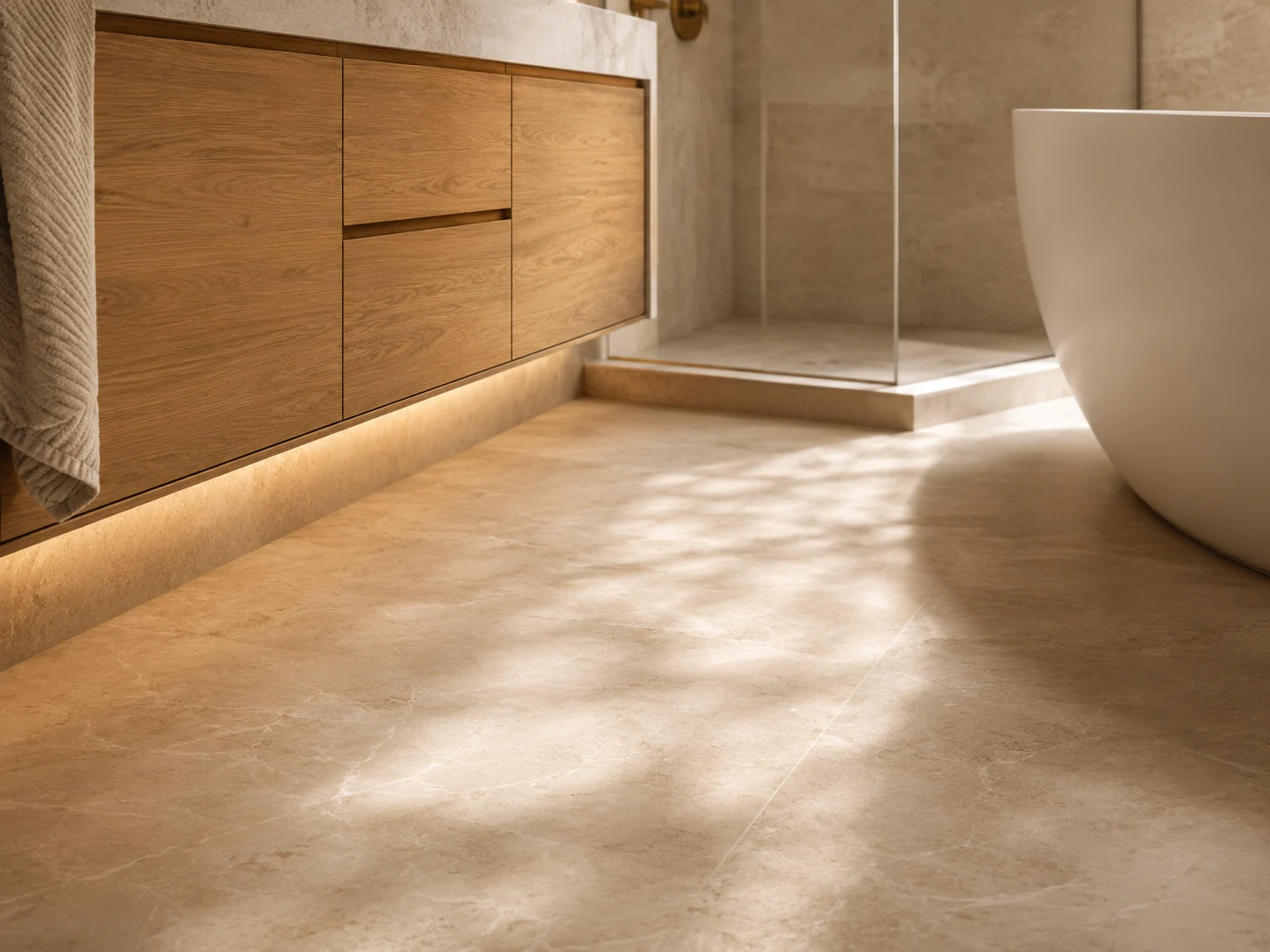 Warm stone bathroom floor beside a floating wood vanity, glass shower and freestanding tub