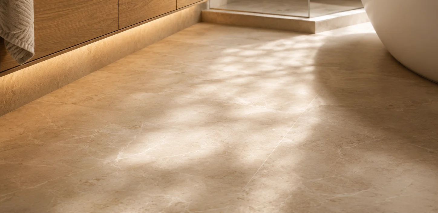 Close view of warm stone bathroom tile floor below a floating vanity