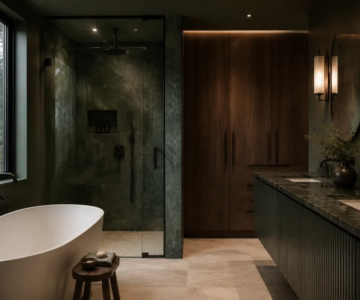 Forest green bathroom with walnut storage, soaking tub and dark glass shower