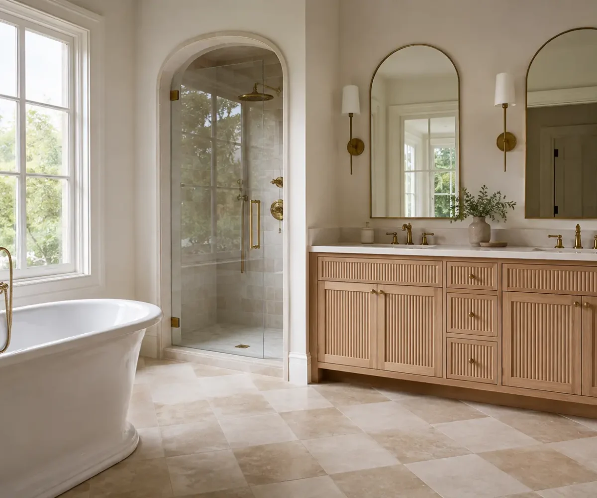 Neo-classical bathroom with fluted oak vanity, arched mirrors and pale limestone
