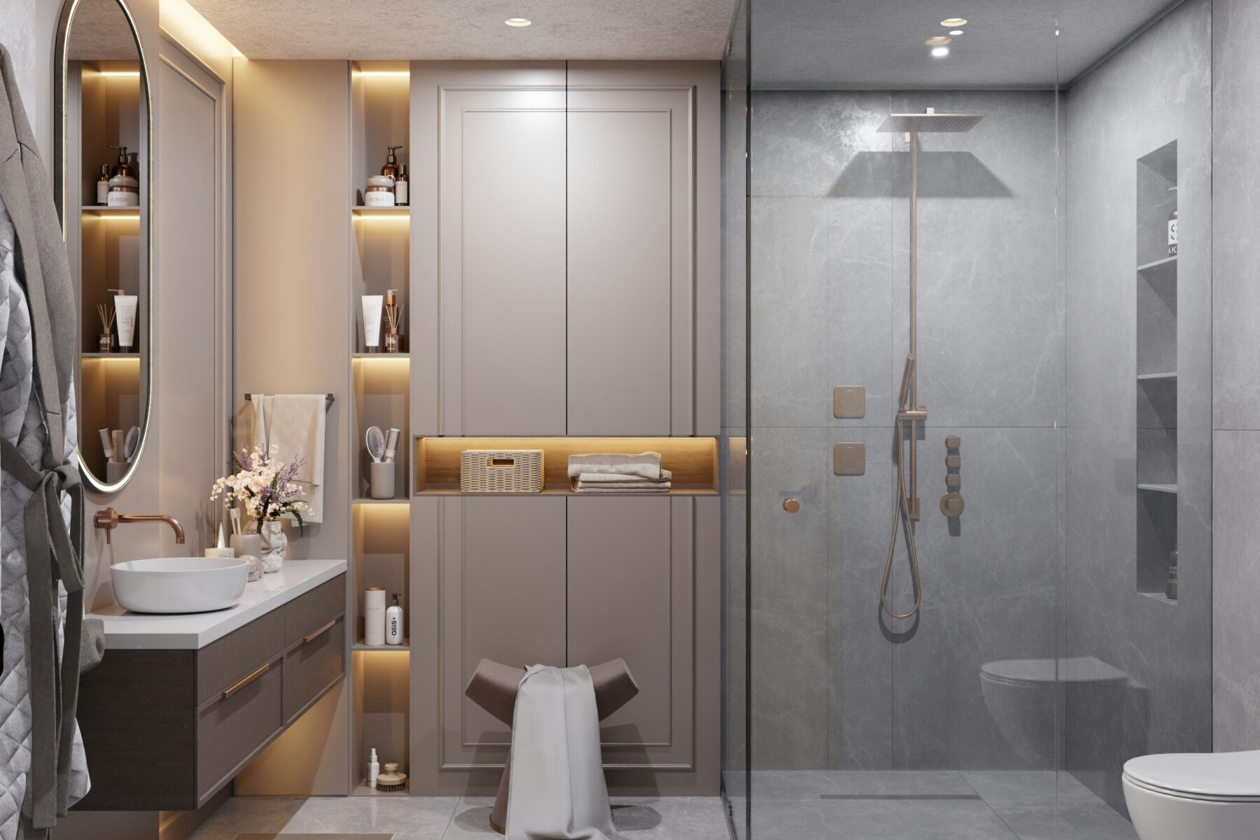 Modern grey bathroom with frameless shower and integrated storage lighting
