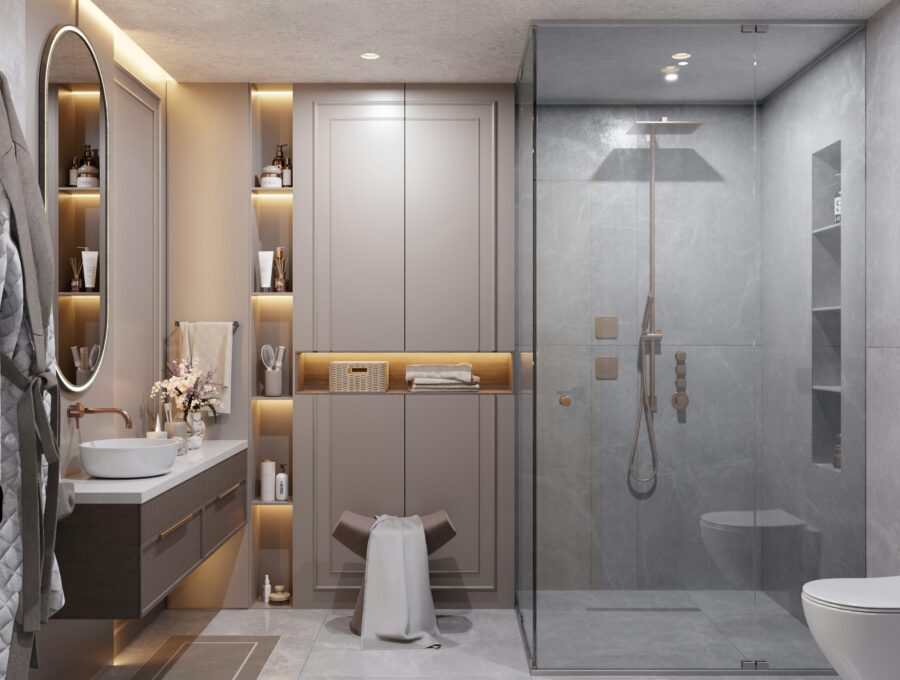 Modern grey bathroom with frameless shower and integrated storage lighting