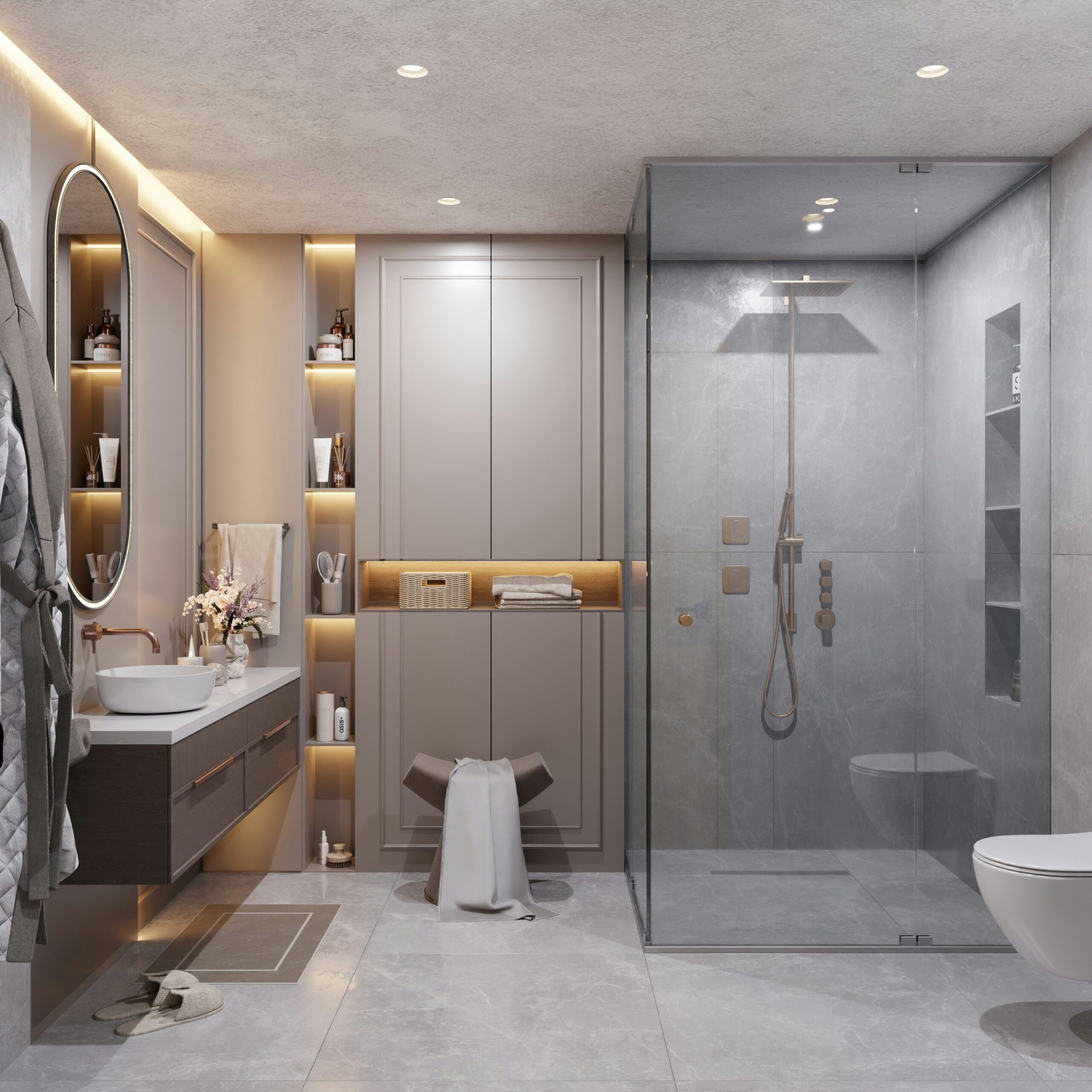 Modern grey bathroom with frameless shower and integrated storage lighting