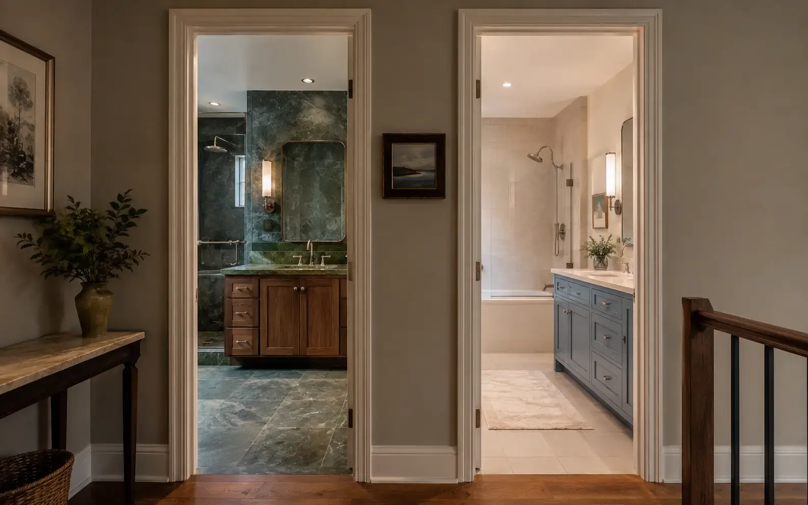Two coordinated but different renovated bathrooms visible from the same hallway