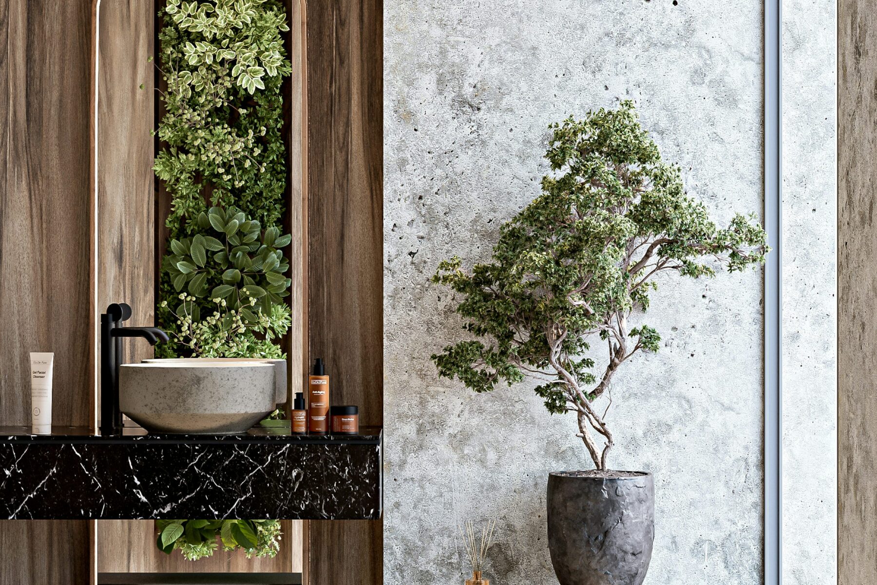 Bathroom vanity detail with wood, dark stone and integrated greenery