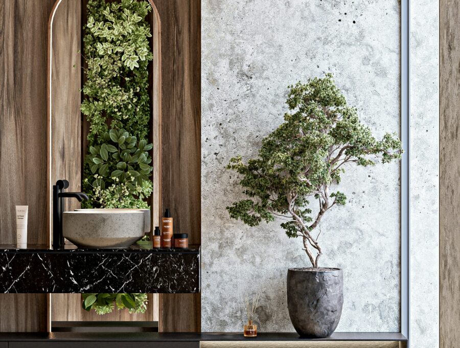 Bathroom vanity detail with wood, dark stone and integrated greenery