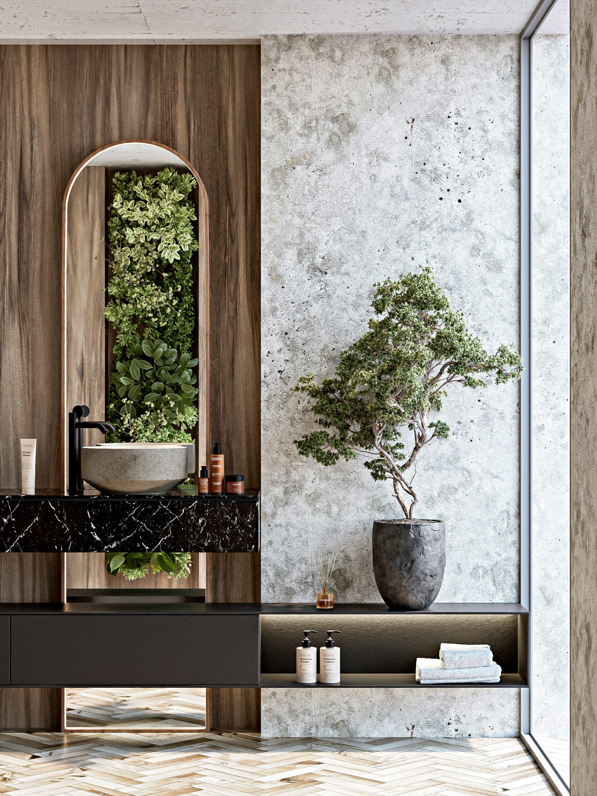 Bathroom vanity detail with wood, dark stone and integrated greenery