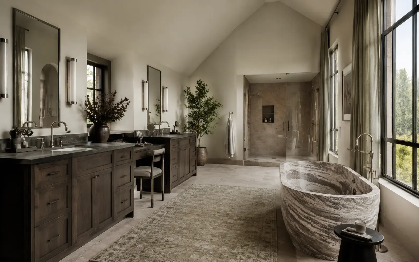 Primary ensuite with separate vanity stations, makeup desk, shower and sculptural tub