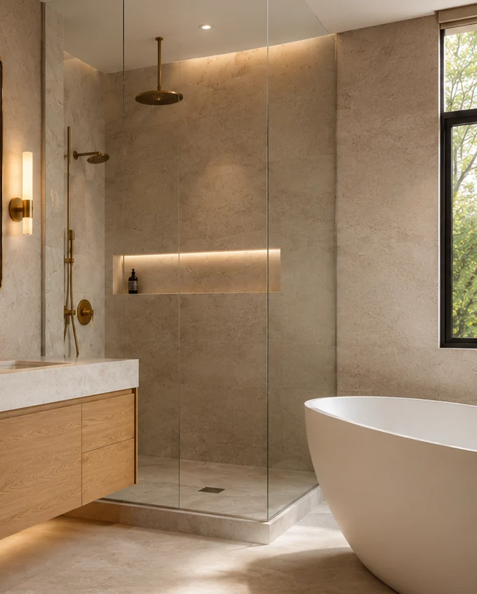 Warm modern walk-in shower detail with stone surfaces and soft integrated lighting