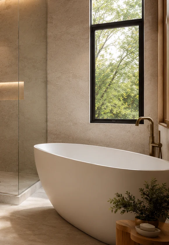 Freestanding bathtub detail in a warm contemporary bathroom