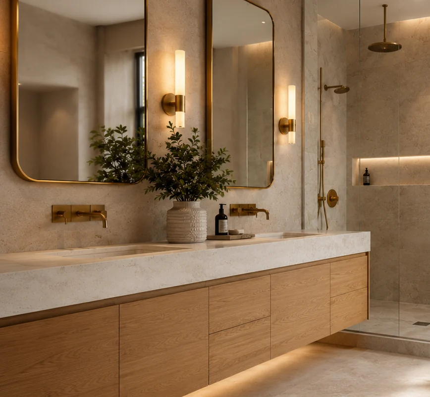 Modern bathroom vanity detail with warm wood cabinetry and soft architectural lighting
