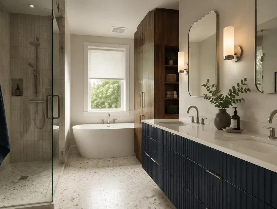 Complete bathroom with navy vanity, ivory terrazzo, shower, tub and linen storage