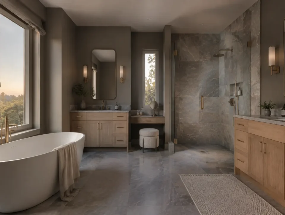 Primary ensuite with separate vanity zones, shower, tub and clear circulation