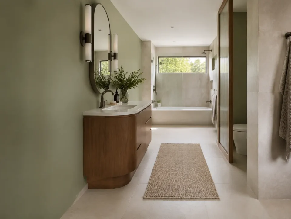 Long bathroom with rounded vanity and a clear route to a shower and tub wet zone