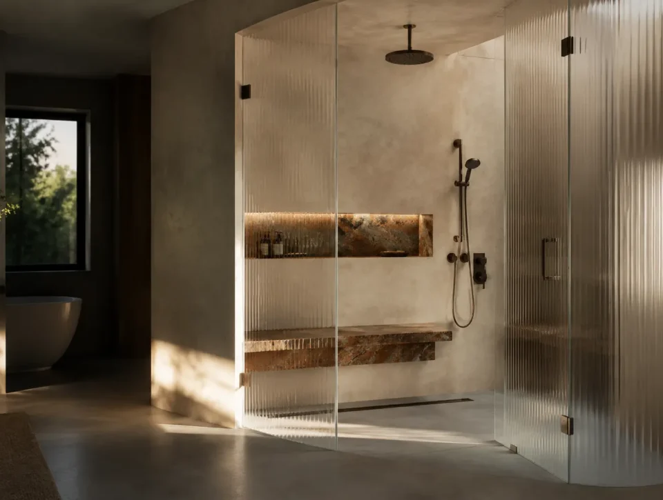 Architectural custom shower with curved fluted glass, stone bench and long niche