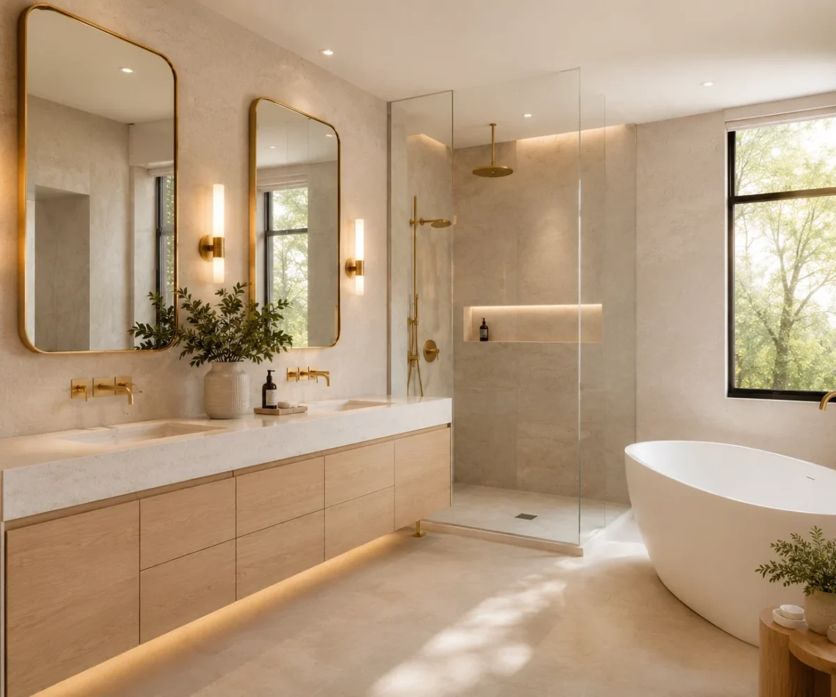 Warm spa-style ensuite with light wood double vanity, brass fixtures, walk-in shower and freestanding tub