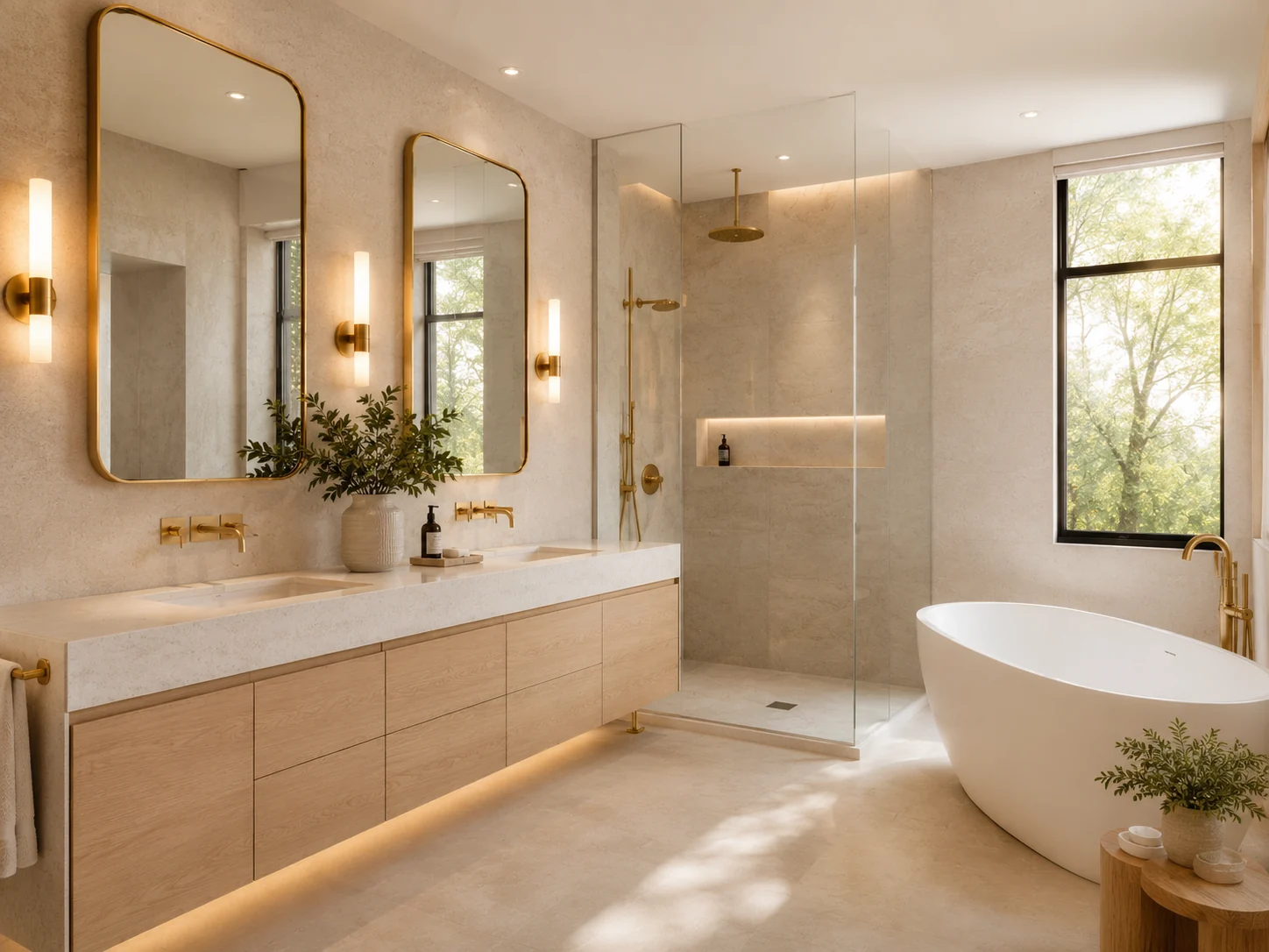 Warm spa-style ensuite with light wood double vanity, brass fixtures, walk-in shower and freestanding tub