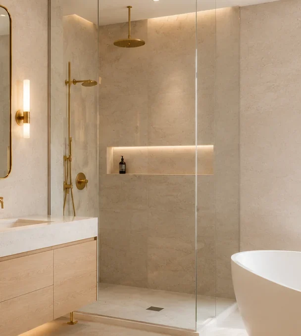 Frameless walk-in shower with warm stone tile, recessed niche and brass shower fixtures