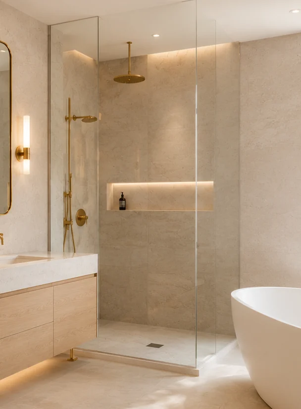 Frameless walk-in shower with warm stone tile, recessed niche and brass shower fixtures