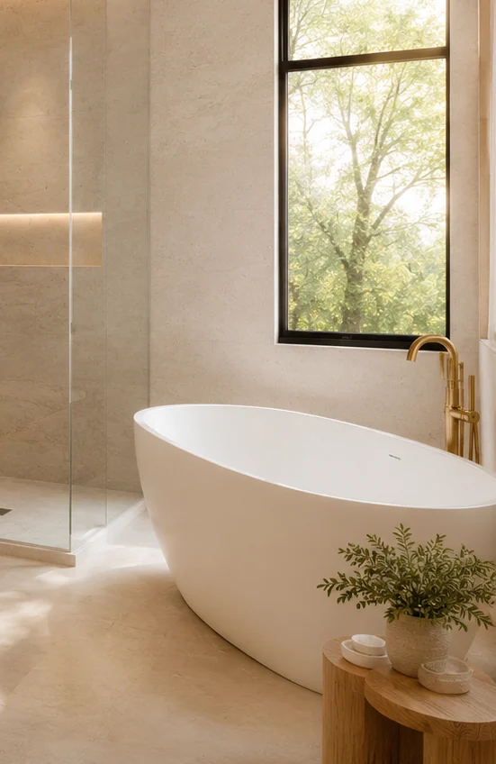 Freestanding white bathtub beside warm stone flooring and brass floor-mounted tub filler