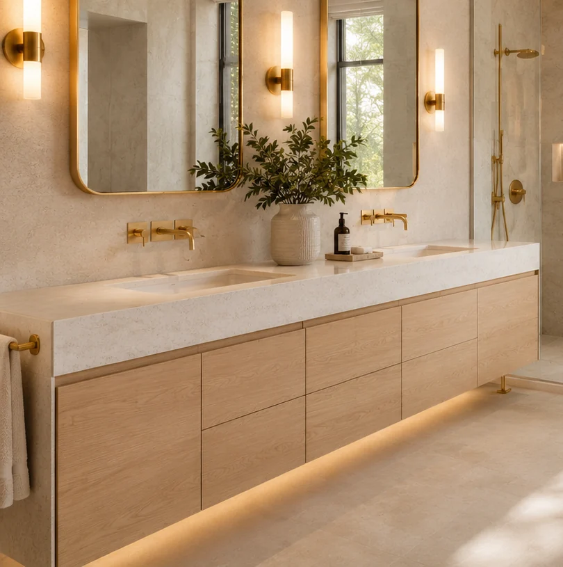 Light wood floating double vanity with stone counter and warm integrated lighting