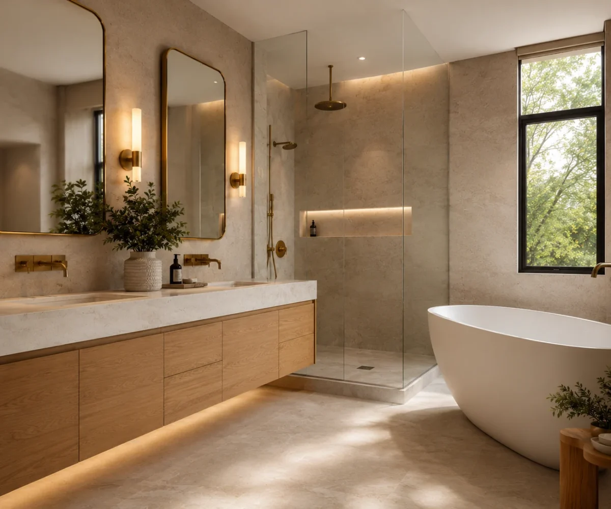Warm modern bathroom retreat with natural finishes and integrated lighting
