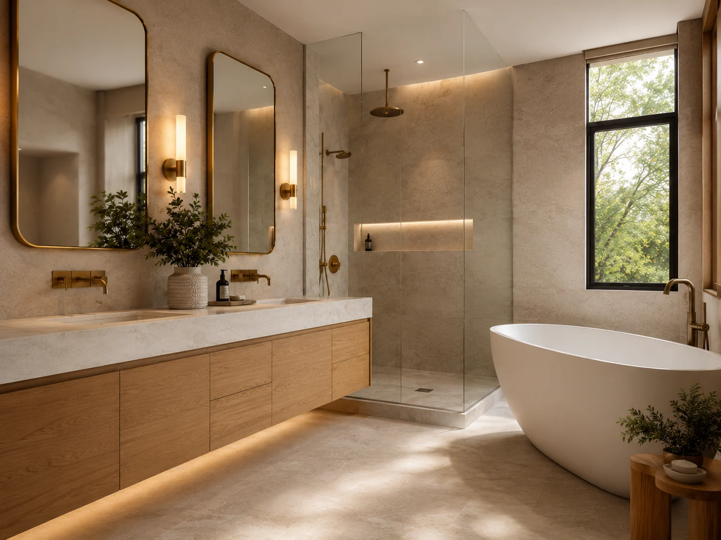 Warm modern bathroom retreat with natural finishes and integrated lighting